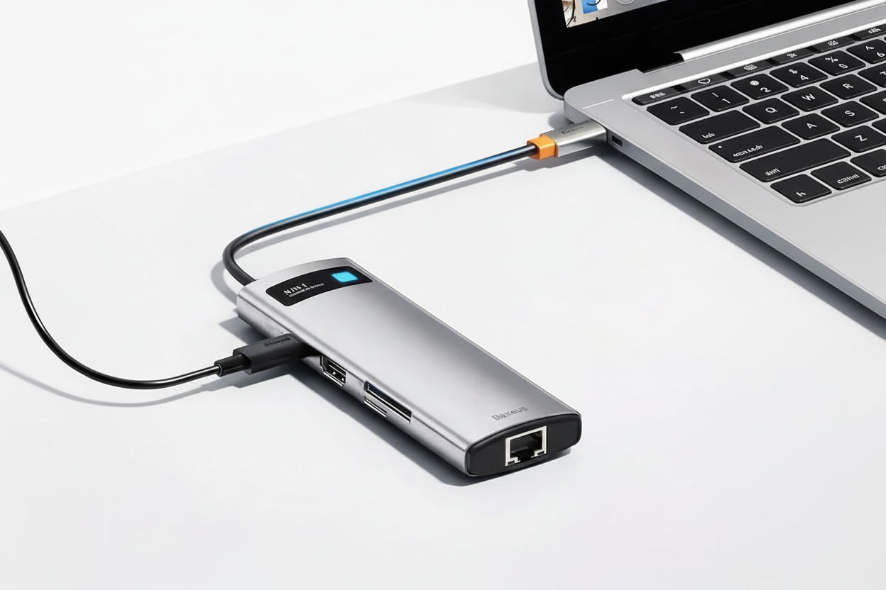 LighterTek device connected to a laptop on a white background